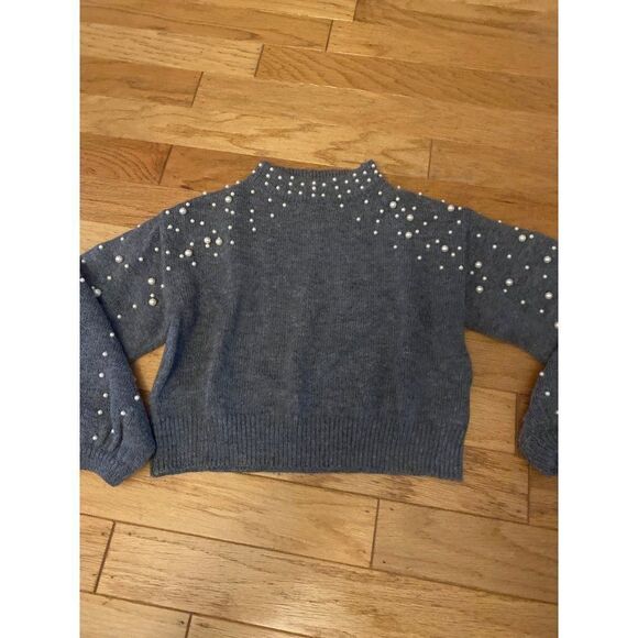 Zara Knit women's grey and pearl accents high neck long sleeve cropped sweater S - Picture 1 of 8